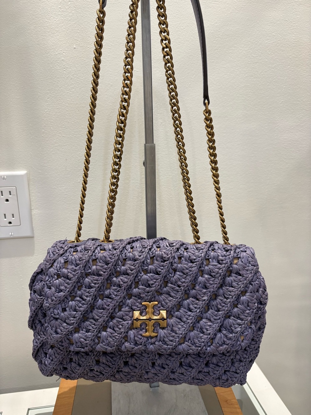 Tory Burch Kira Crochet Purple Raffia Shoulder Bag